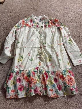 Avara White Floral Mini Dress with Pink & Orange Blooms NWT